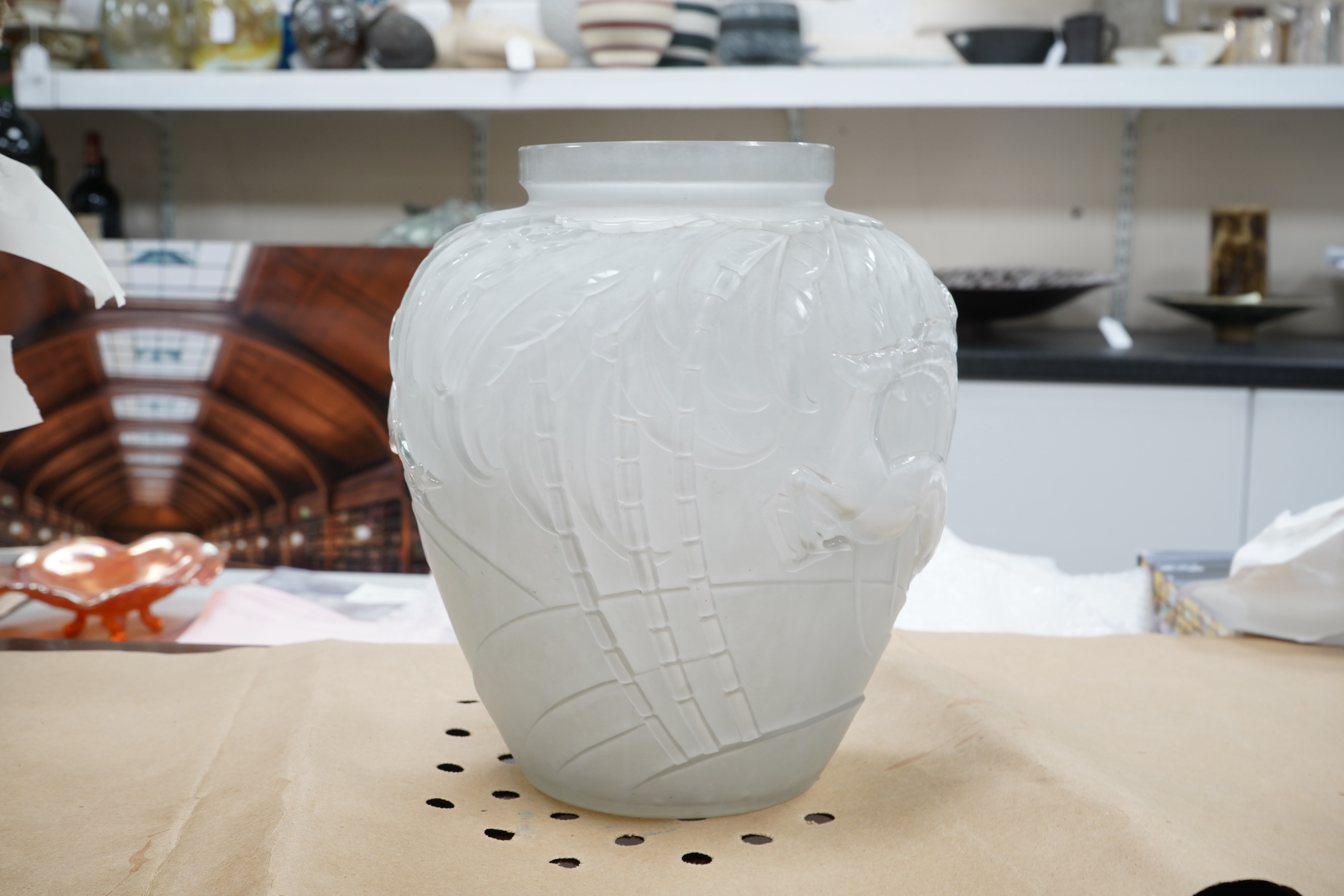 An Etling French frosted glass vase, ‘the huntress’ 29cm high